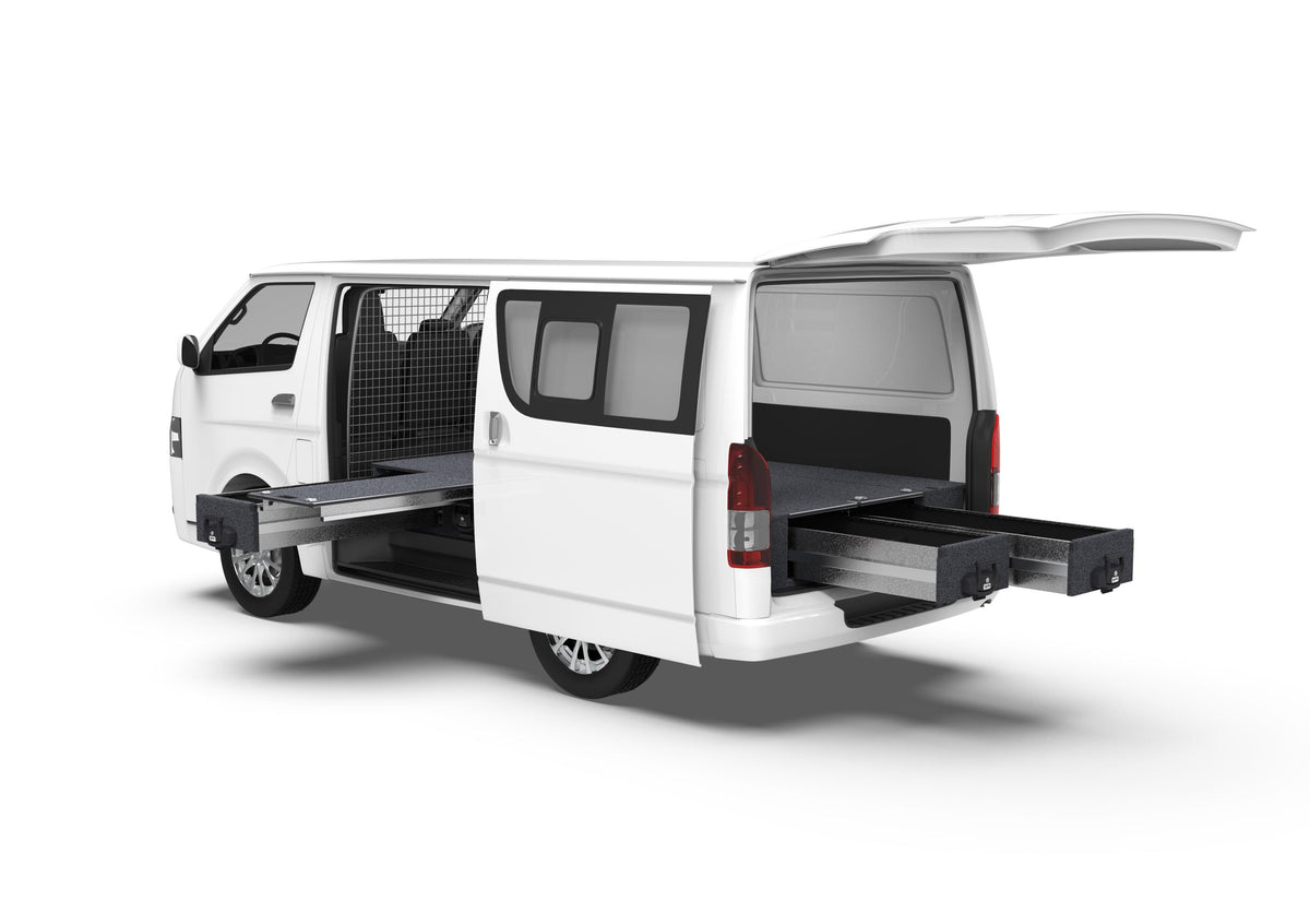 Single Roller Floor Side Drawers & Fixed Floor Rear Drawers - Toyota Hiace Van 01/2005-04/2019
